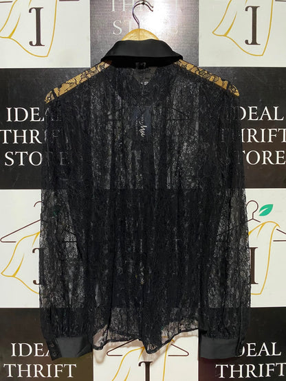 POUR MOI |M| BUST 20| A9| SHEER FLORAL LACE BUTTON-DOWN SHIRT - BLACK