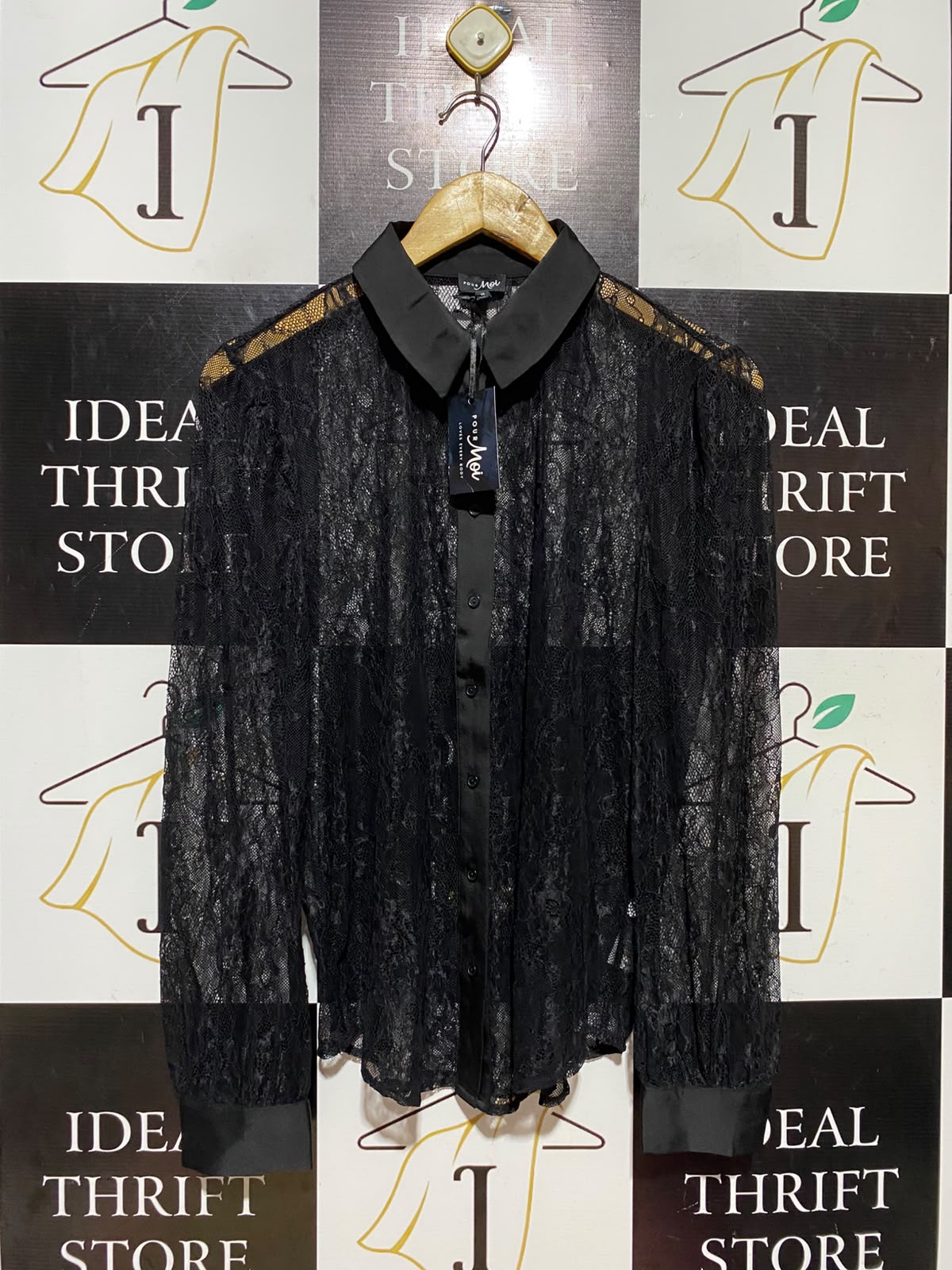POUR MOI |M| BUST 20| A9| SHEER FLORAL LACE BUTTON-DOWN SHIRT - BLACK