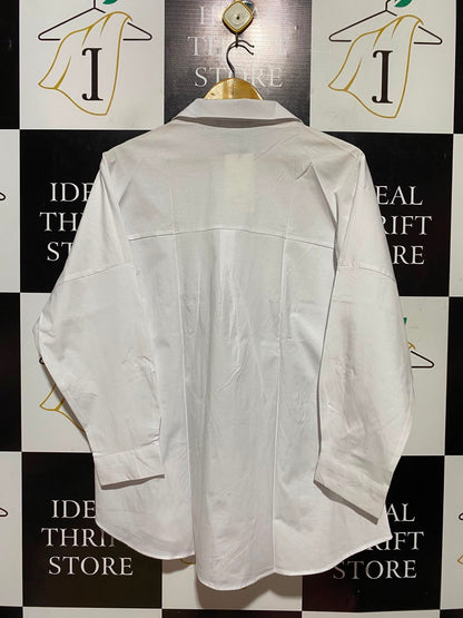 BASKO |XL| BUST FREE| A9| EMBELLISHED PEARL & BEAD MOTIF OVERSIZED BUTTON-DOWN SHIRT - WHITE
