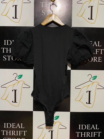 NEW LOOK |XS| BUST 13| A9| PUFF SLEEVE CREW NECK BODYSUIT - BLACK