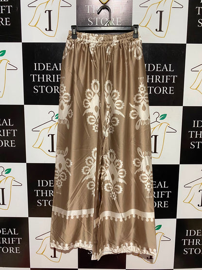 LUCY H |S| WAIST 24| A9| WOMEN'S PRINTED SATIN WIDE-LEG PALAZZO PANTS - GOLDEN BEIGE