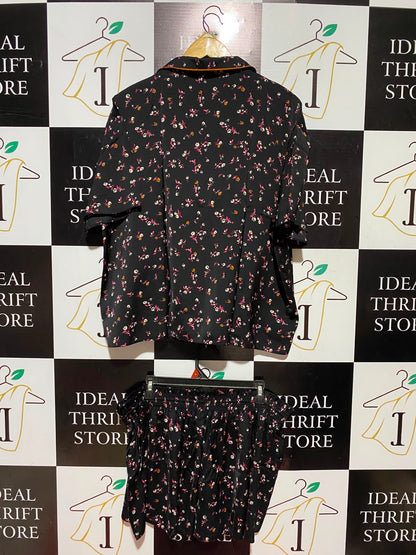M&S |L| A9| WOMEN'S FLORAL SATIN SHORT SLEEVE PYJAMA SET - BLACK