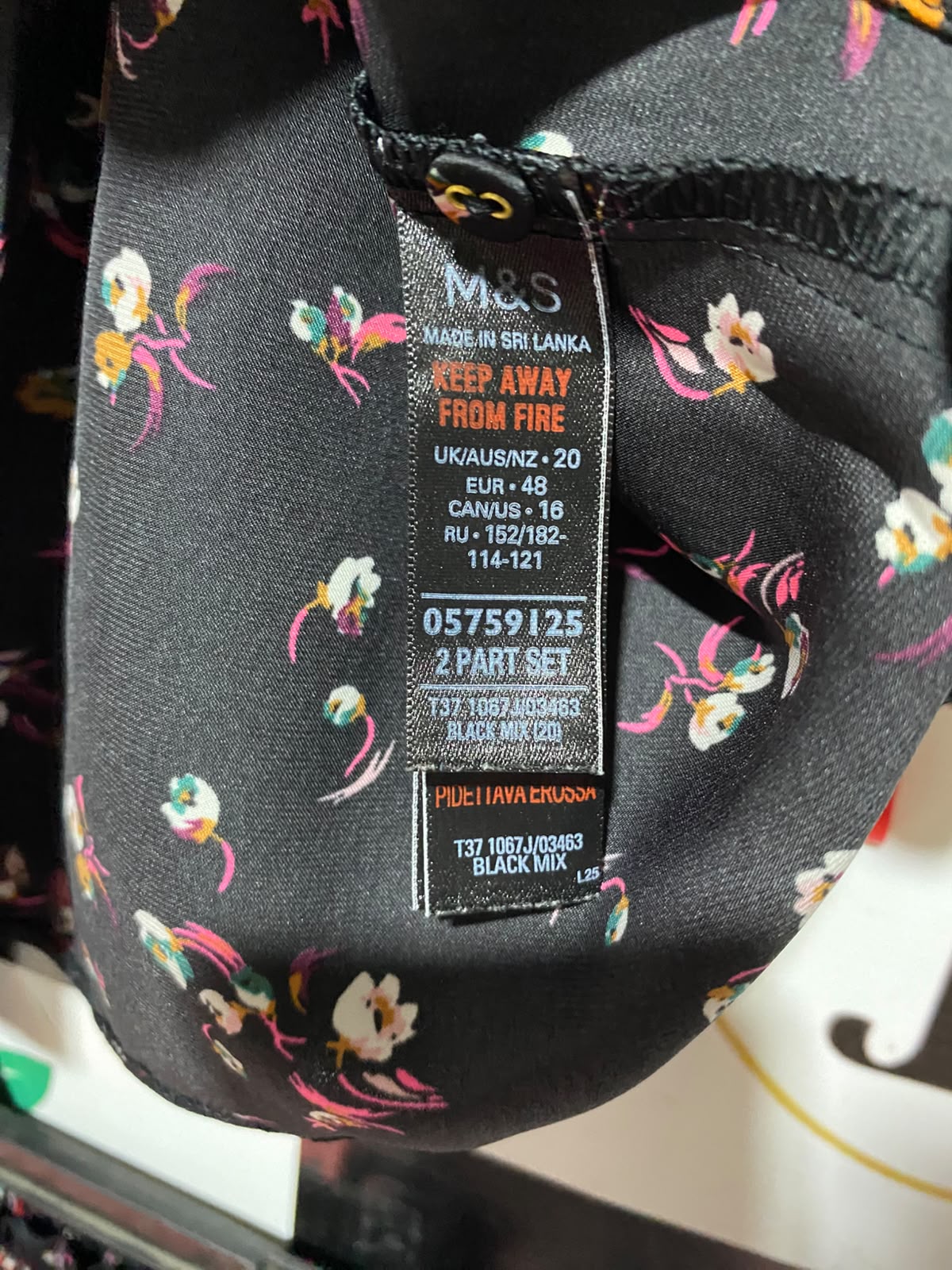 M&S |L| A9| WOMEN'S FLORAL SATIN SHORT SLEEVE PYJAMA SET - BLACK