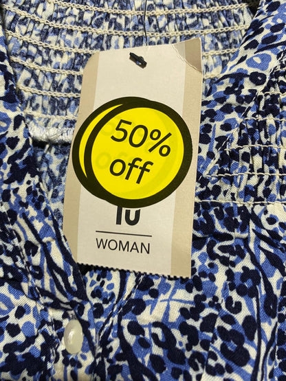 TU WOMAN |M| BUST 18| A11| FLORAL PRINT SMOCKED BUTTON-DOWN MAXI DRESS - BLUE & WHITE