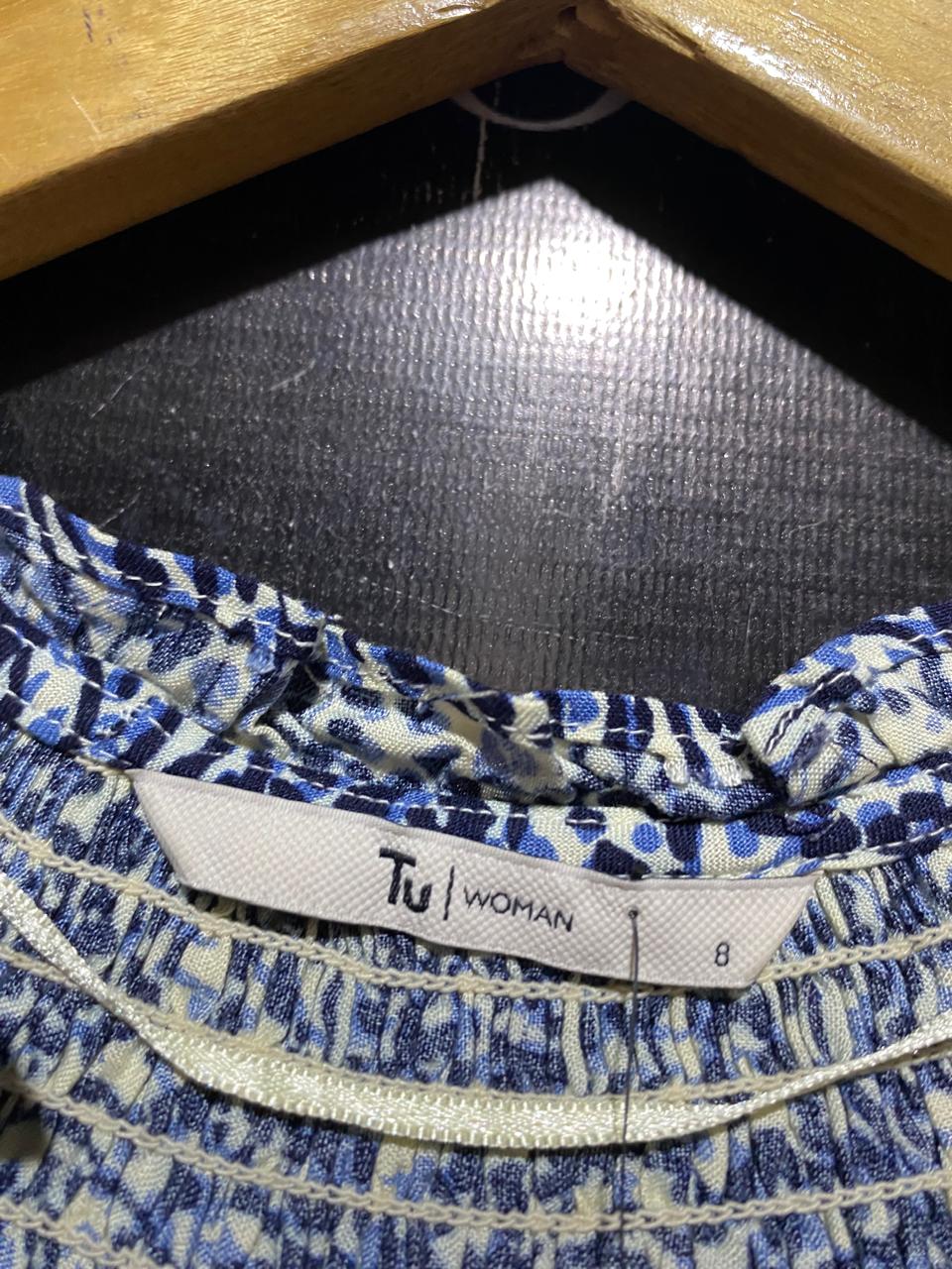TU WOMAN |M| BUST 18| A11| FLORAL PRINT SMOCKED BUTTON-DOWN MAXI DRESS - BLUE & WHITE