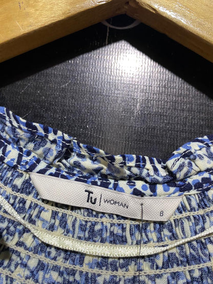 TU WOMAN |M| BUST 18| A11| FLORAL PRINT SMOCKED BUTTON-DOWN MAXI DRESS - BLUE & WHITE