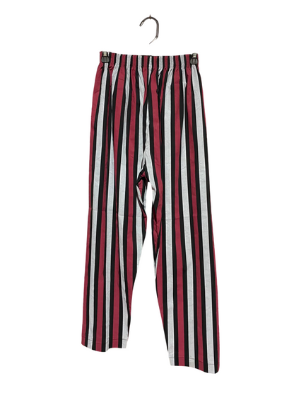 |XS| WAIST 24| A11| WOMEN'S BURGUNDY, BLACK & WHITE STRIPED ELASTIC WAIST STRAIGHT-LEG TROUSERS
