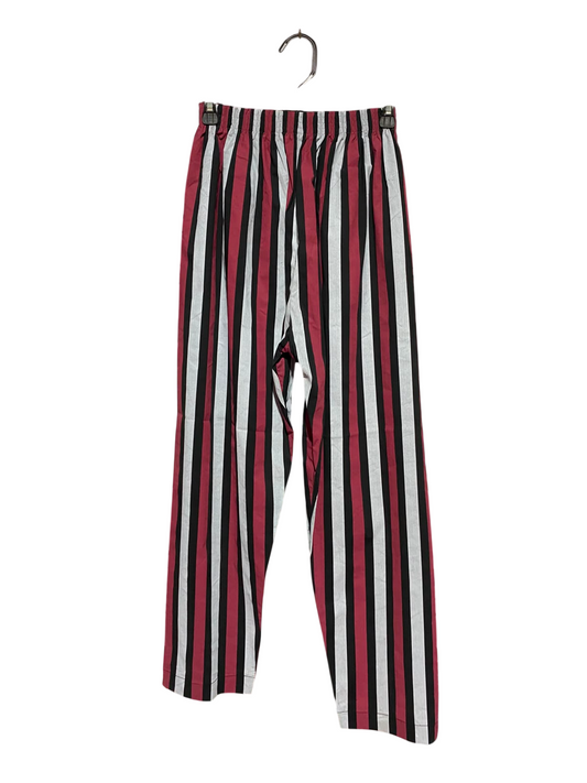 |XS| WAIST 24| A11| WOMEN'S BURGUNDY, BLACK & WHITE STRIPED ELASTIC WAIST STRAIGHT-LEG TROUSERS