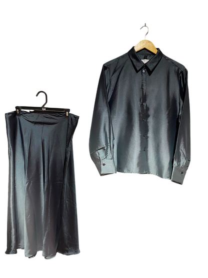 THE PRIMARK EDIT |L| A11| WOMEN'S CHARCOAL GREY SATIN SHIRT & MAXI SKIRT TWO-PIECE CO-ORD SET