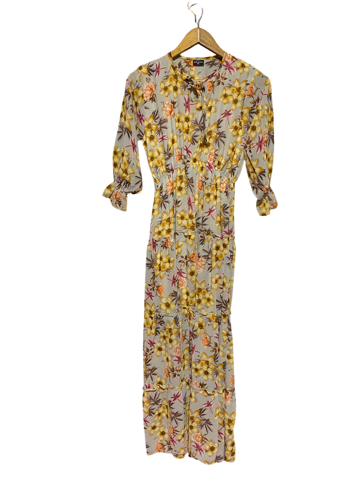 R K FASHION |XL| BUST 16| A11| WOMEN'S GREY & YELLOW FLORAL TIE-NECK TIERED MAXI DRESS