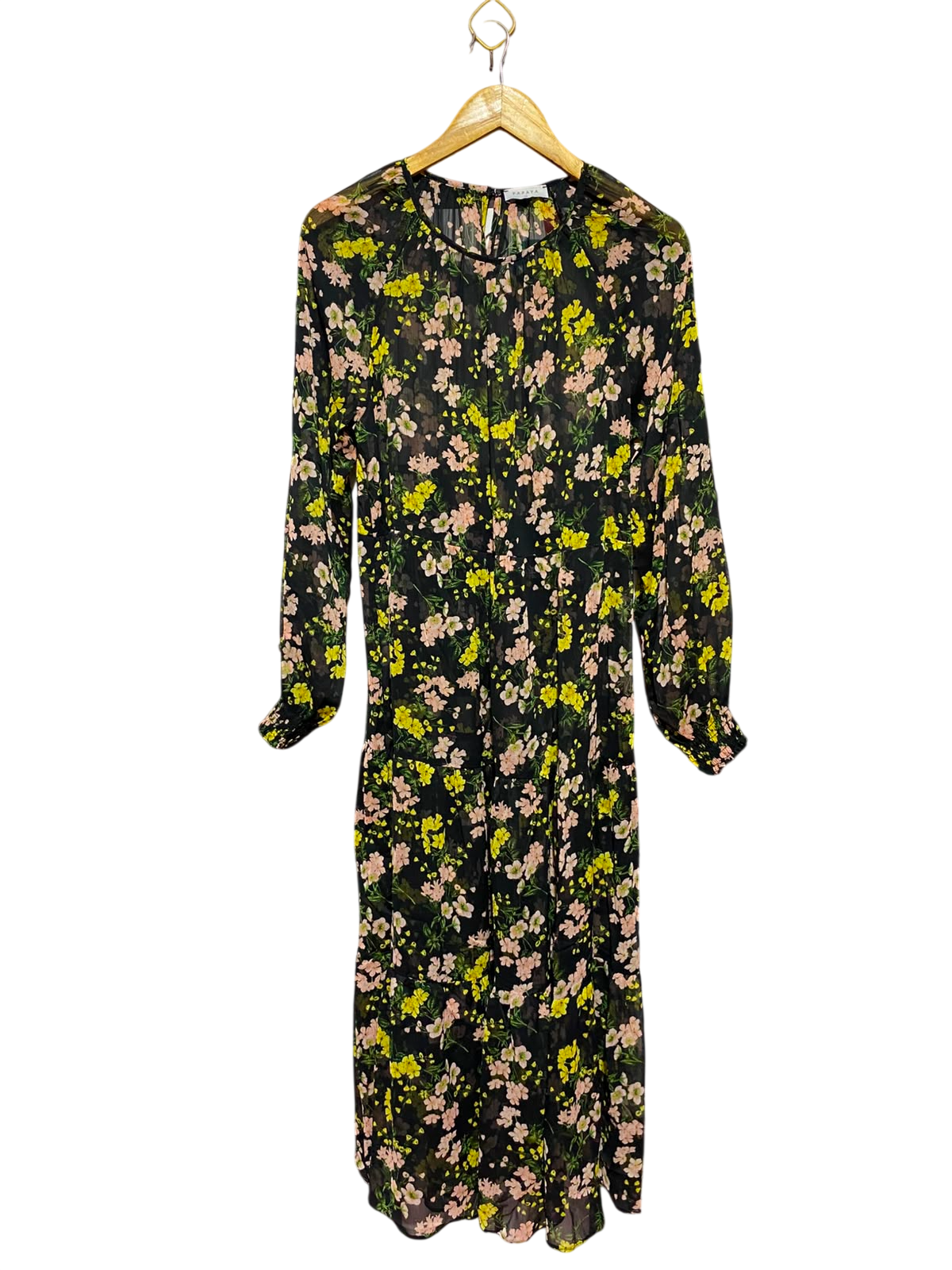 PAPAYA |L| BUST 19| A11| WOMEN'S BLACK & YELLOW FLORAL CHIFFON TIERED MAXI DRESS