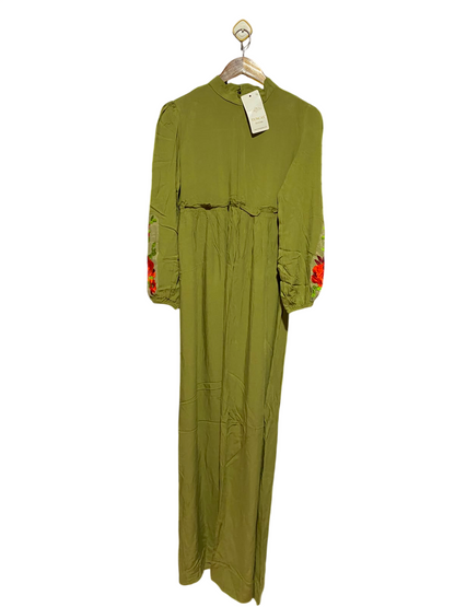 TUNCAY |M| BUST 17| A11| WOMEN'S OLIVE GREEN EMBROIDERED SLEEVE MOCK-NECK MAXI DRESS