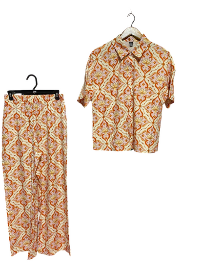 GOMORN |M| A11| WOMEN'S RETRO ORANGE & CREAM DAMASK PRINT TWO-PIECE SHIRT & TROUSER SET