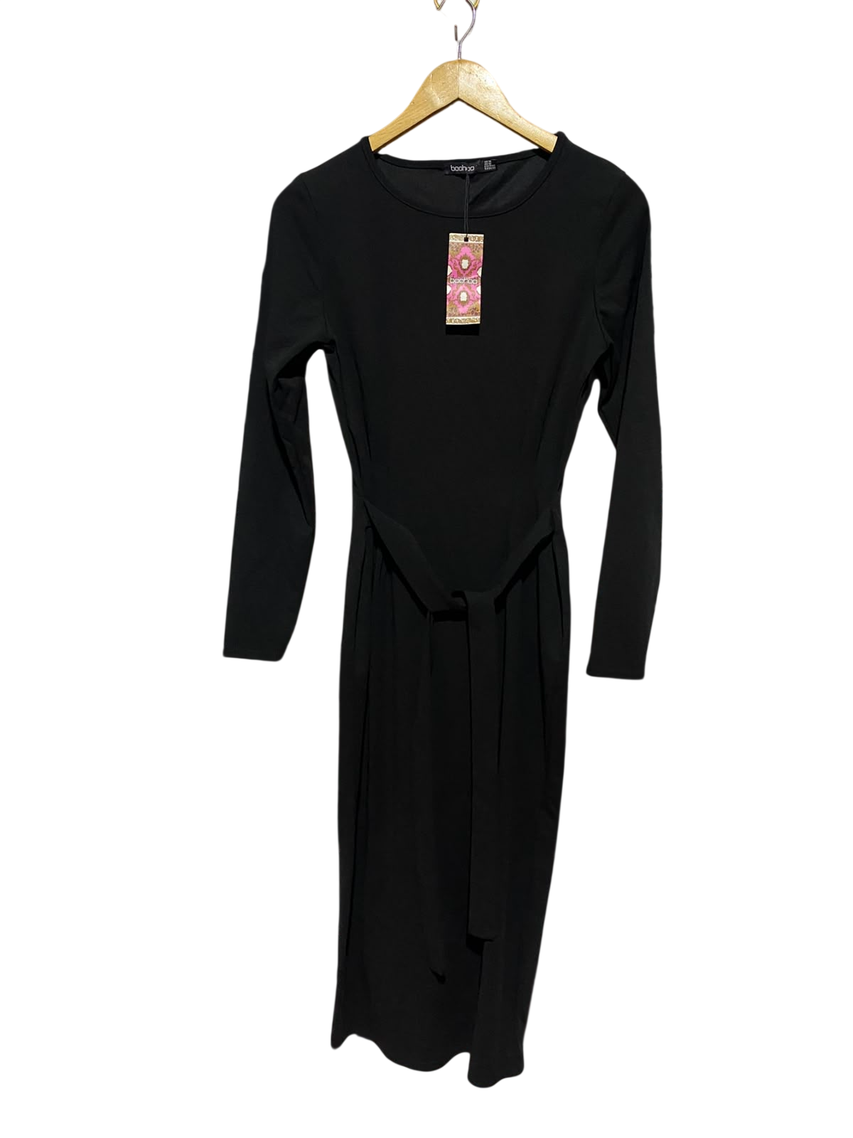 BOOHOO |M| BUST 17| A12| WOMEN'S SOLID BLACK LONG SLEEVE BELTED JERSEY MIDI DRESS