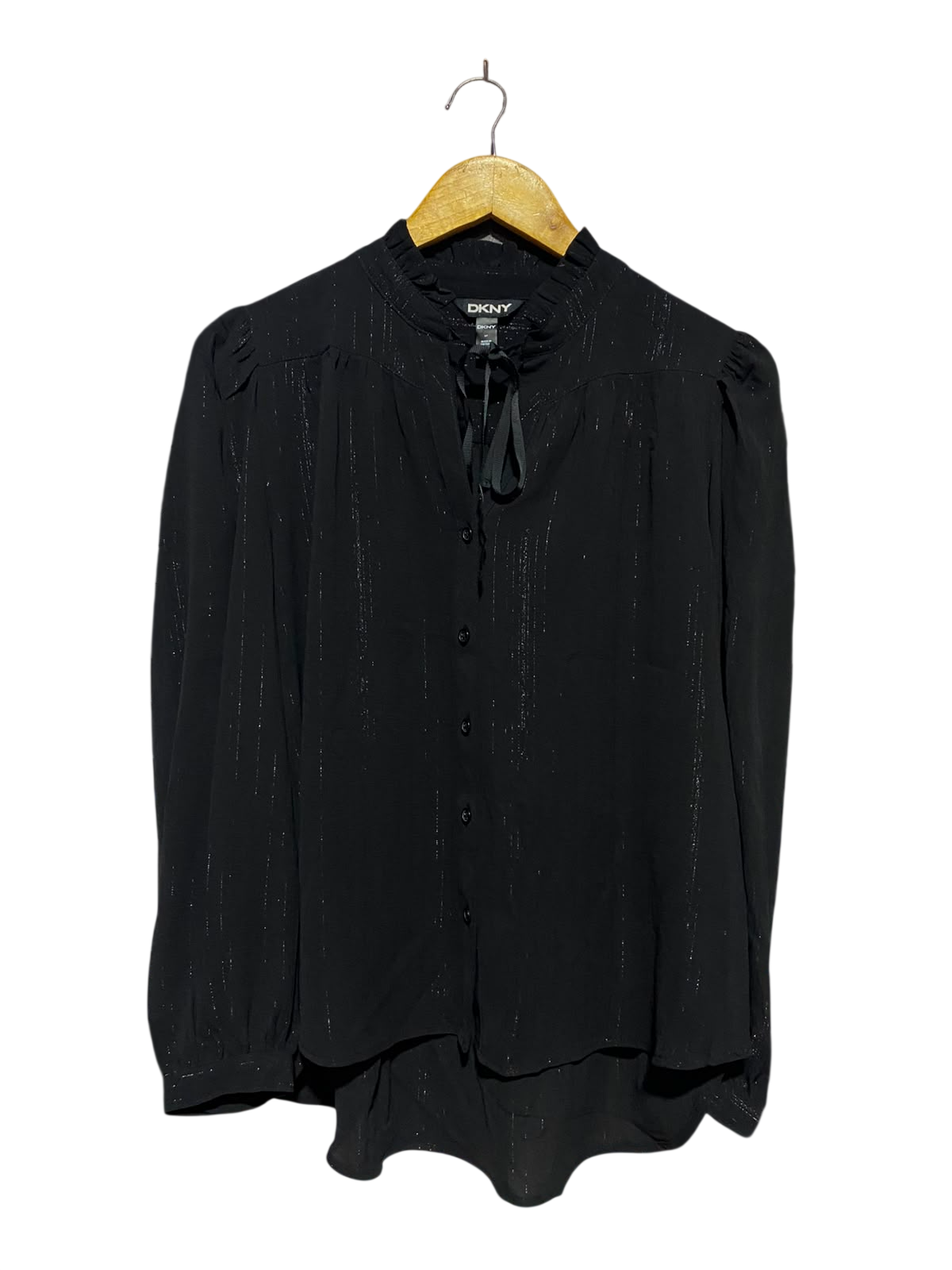 DKNY |L| BUST 21| A12| WOMEN'S BLACK LUREX SHIMMER STRIPE RUFFLE TIE-NECK BUTTON-DOWN BLOUSE