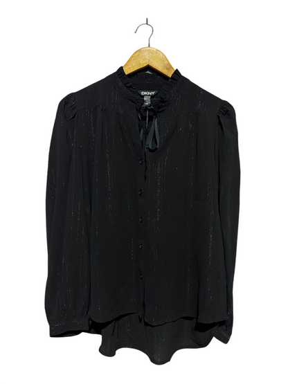 DKNY |L| BUST 21| A12| WOMEN'S BLACK LUREX SHIMMER STRIPE RUFFLE TIE-NECK BUTTON-DOWN BLOUSE