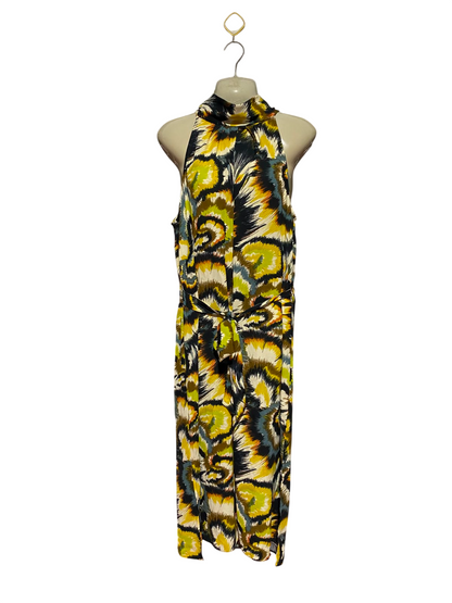DOROTHY PERKINS |M| BUST 19| A12| WOMEN'S VIBRANT ABSTRACT FEATHER PRINT HALTER NECK BELTED MAXI DRESS