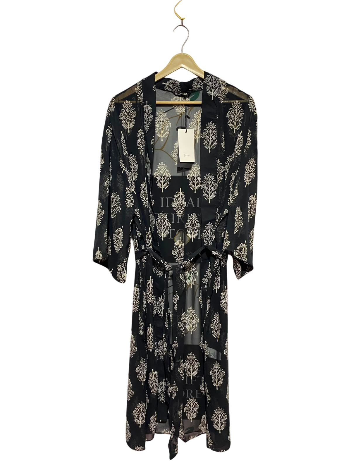 FAME |M/L| BUST 25| A12| WOMEN'S BLACK & CREAM BOTANICAL BLOCK-PRINT SHEER BELTED KIMONO CARDIGAN