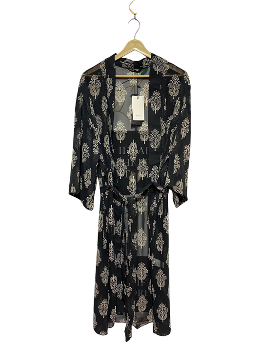 FAME |M/L| BUST 25| A12| WOMEN'S BLACK & CREAM BOTANICAL BLOCK-PRINT SHEER BELTED KIMONO CARDIGAN