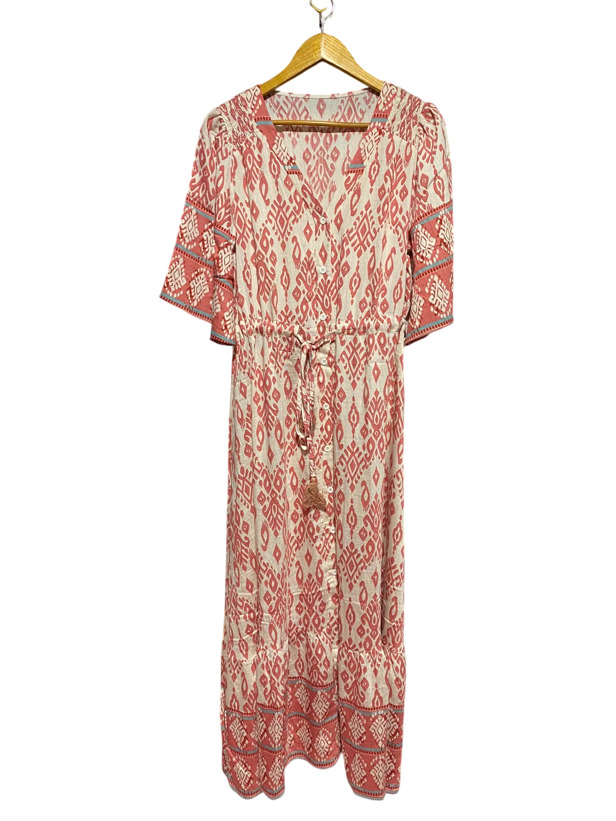 SHEIN |L| BUST 19| A12| WOMEN'S RED & CREAM IKAT PRINT TIE-FRONT BUTTON-DOWN MAXI DRESS