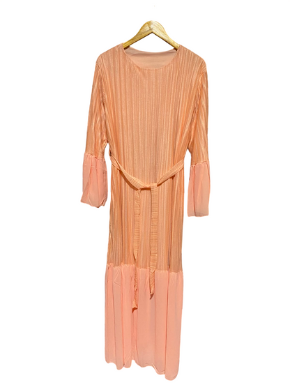 |L| BUST 19| A12| WOMEN'S SOLID PEACH PLEATED BELTED MAXI DRESS WITH CHIFFON ACCENTS