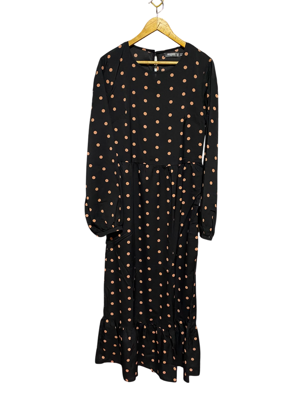 MISSGUIDED |L| BUST 20| A12| WOMEN'S BLACK & BEIGE POLKA DOT LONG SLEEVE RUFFLE HEM MIDI DRESS