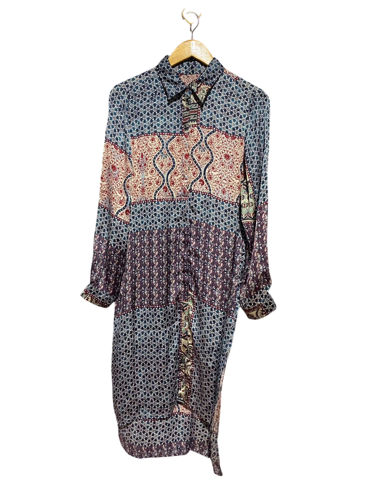 |L| BUST 20| A12| WOMEN'S VINTAGE PATCHWORK PRINT BUTTON-DOWN TUNIC SHIRT DRESS