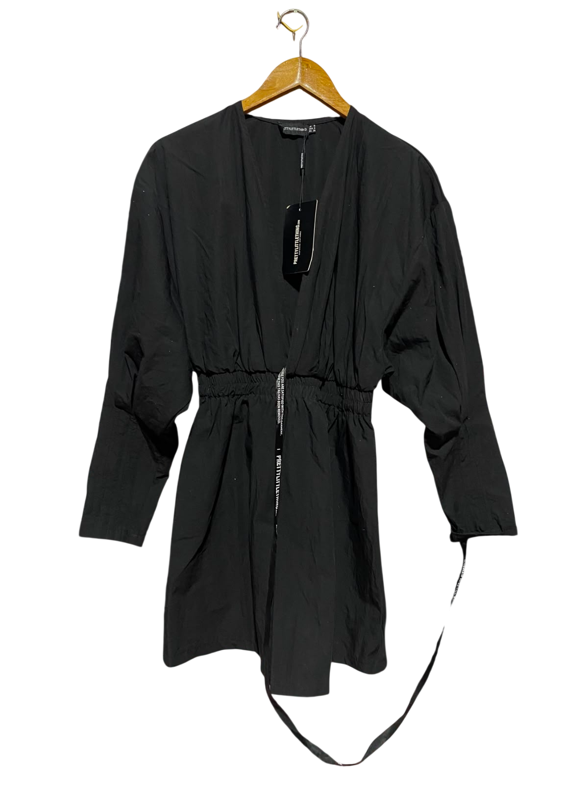 PRETTYLITTLE THING |S| BUST FREE| A12| WOMEN'S SOLID BLACK CINCHED WAIST V-NECK MINI SHIRT DRESS