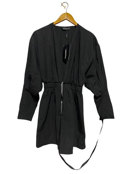 PRETTYLITTLE THING |S| BUST FREE| A12| WOMEN'S SOLID BLACK CINCHED WAIST V-NECK MINI SHIRT DRESS