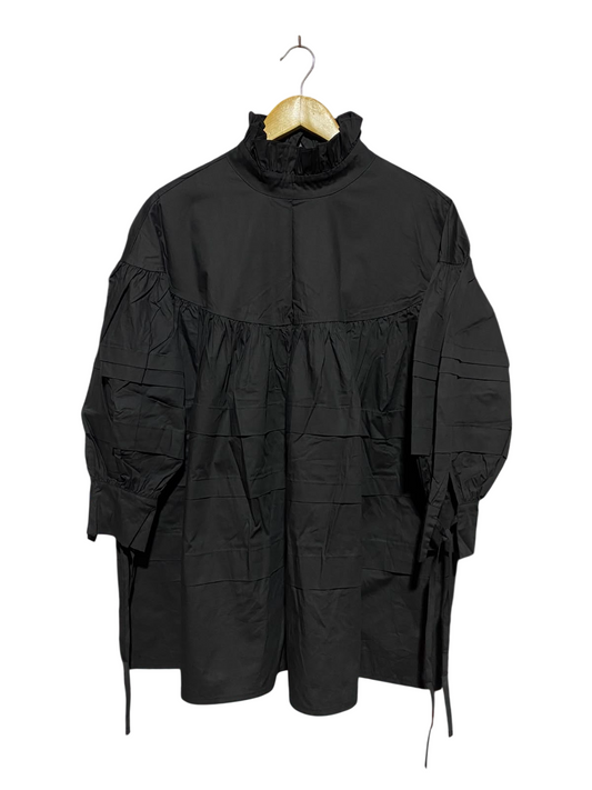 |S| BUST 23| A12| WOMEN'S SOLID BLACK RUFFLE HIGH-NECK PIN-TUCK BABYDALL TUNIC DRESS