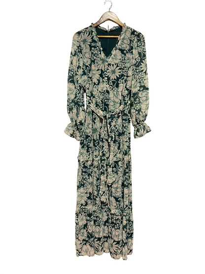 PHASE EIGHT |M| BUST 17| A12| WOMEN'S EMERALD GREEN & CREAM FLORAL TIERED BELTED MAXI DRESS