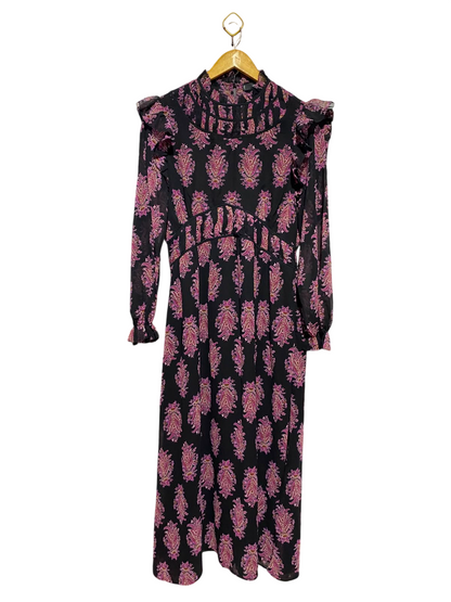 MNG |L| BUST 18| A12| WOMEN'S BLACK & PINK PAISLEY RUFFLED MOCK NECK MAXI DRESS