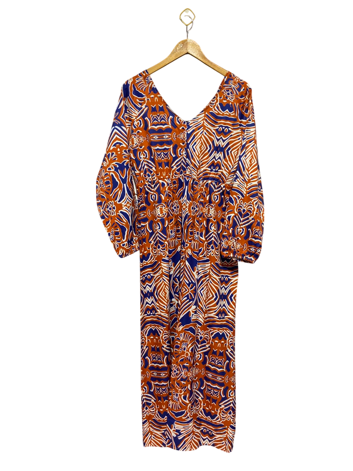 |XL| BUST 19| A12| WOMEN’S RUST ORANGE & BLUE ABSTRACT GEOMETRIC MAXI DRESS