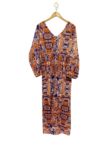 |XL| BUST 19| A12| WOMEN’S RUST ORANGE & BLUE ABSTRACT GEOMETRIC MAXI DRESS