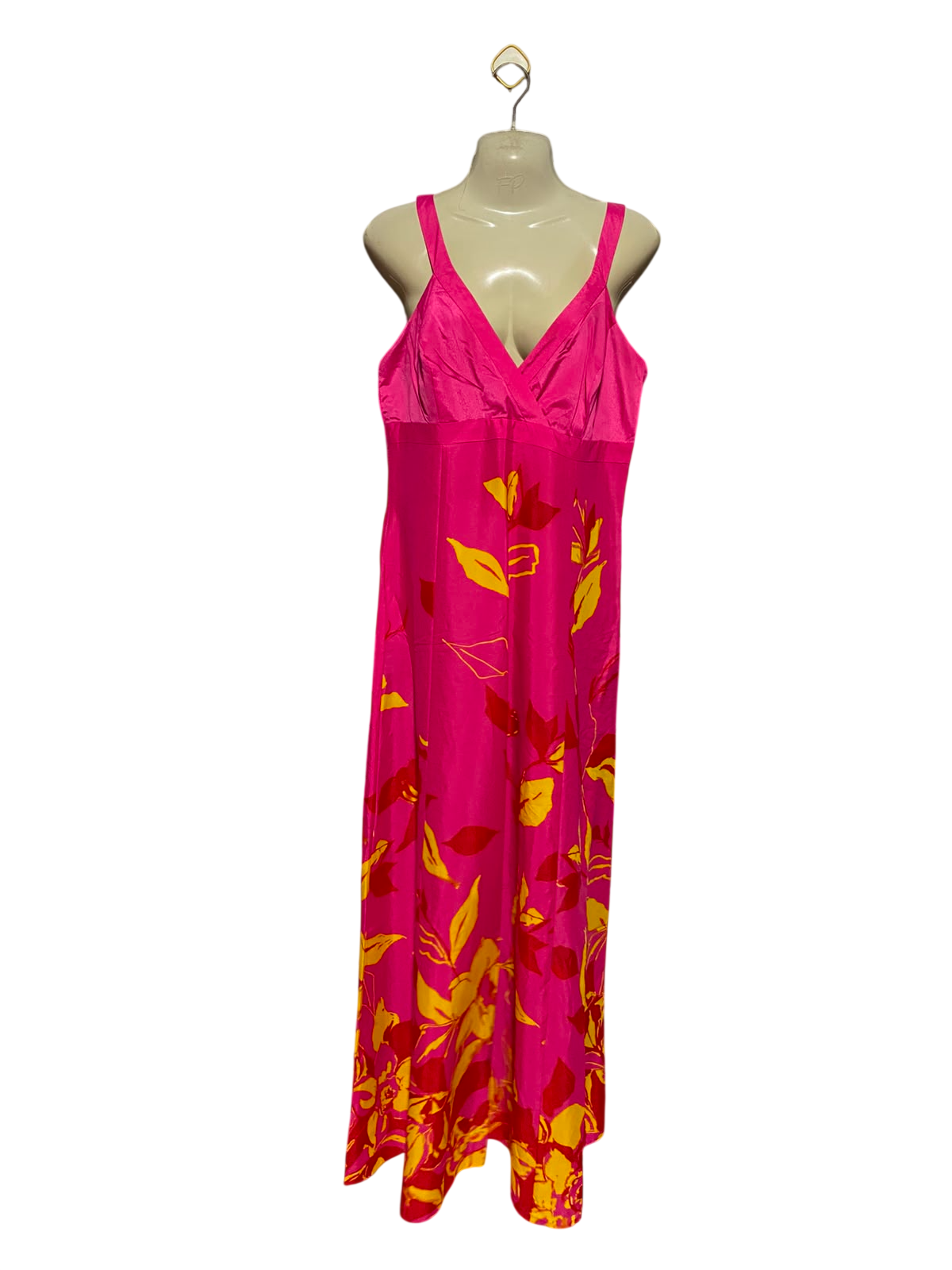 DEBUT |M| BUST 17| A12| WOMEN'S VIBRANT PINK & YELLOW FLORAL PRINT SILK MAXI SLIP DRESS