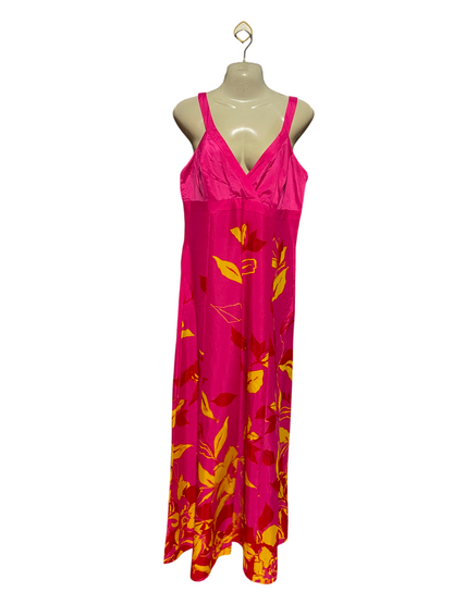 DEBUT |M| BUST 17| A12| WOMEN'S VIBRANT PINK & YELLOW FLORAL PRINT SILK MAXI SLIP DRESS