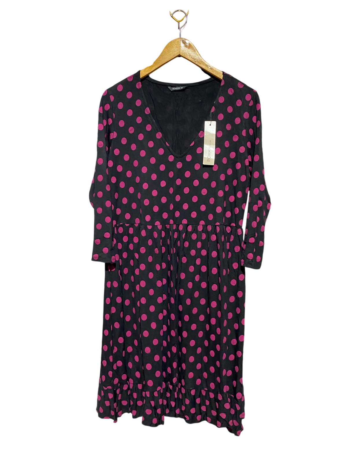 ROMAN |L| BUST 20| A12| WOMEN'S BLACK & PINK POLKA DOT V-NECK SMOCKED MIDDRESS