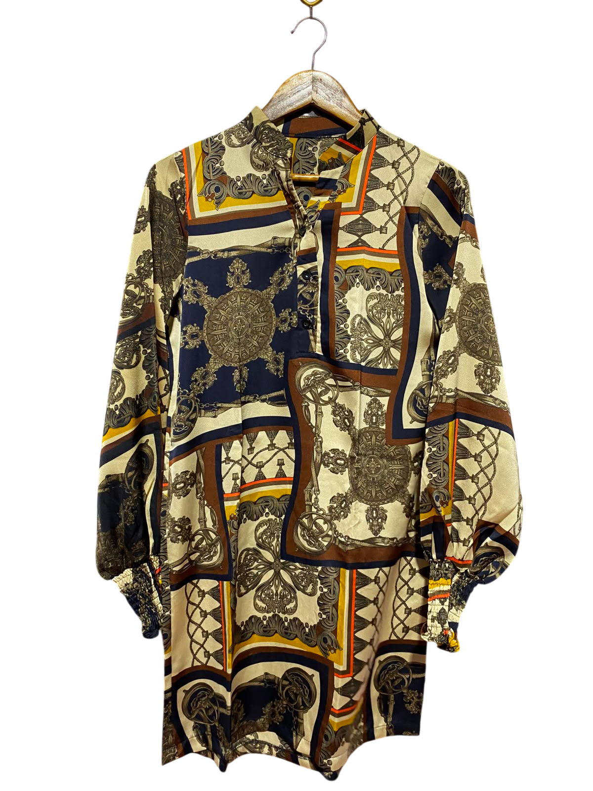 |M| BUST 19| A12| WOMEN'S VINTAGE BAROQUE CHAIN PRINT SILK LONG TUNIC SHIRT DRESS