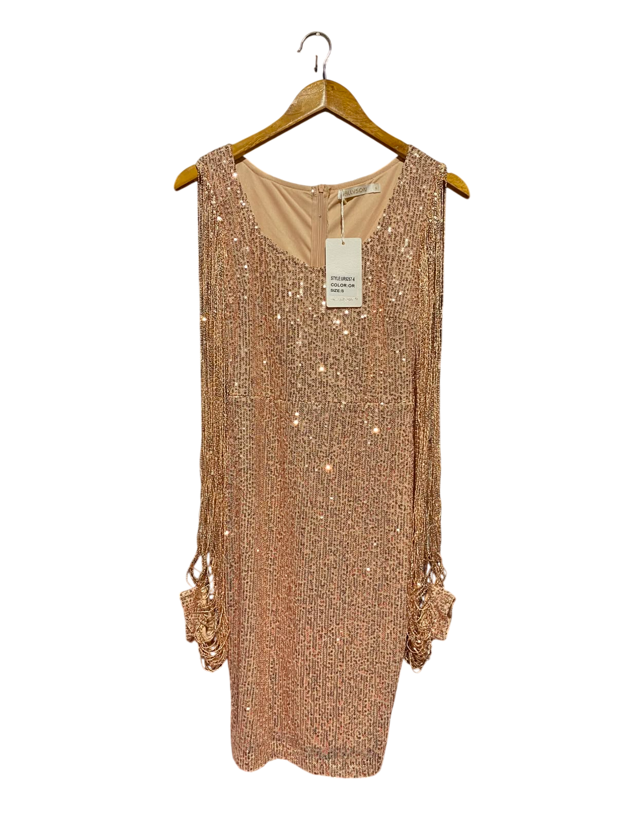 ALLYSON |S| BUST 15| A12| WOMEN'S ROSE GOLD SEQUIN & FRINGE PARTY MINI DRESS