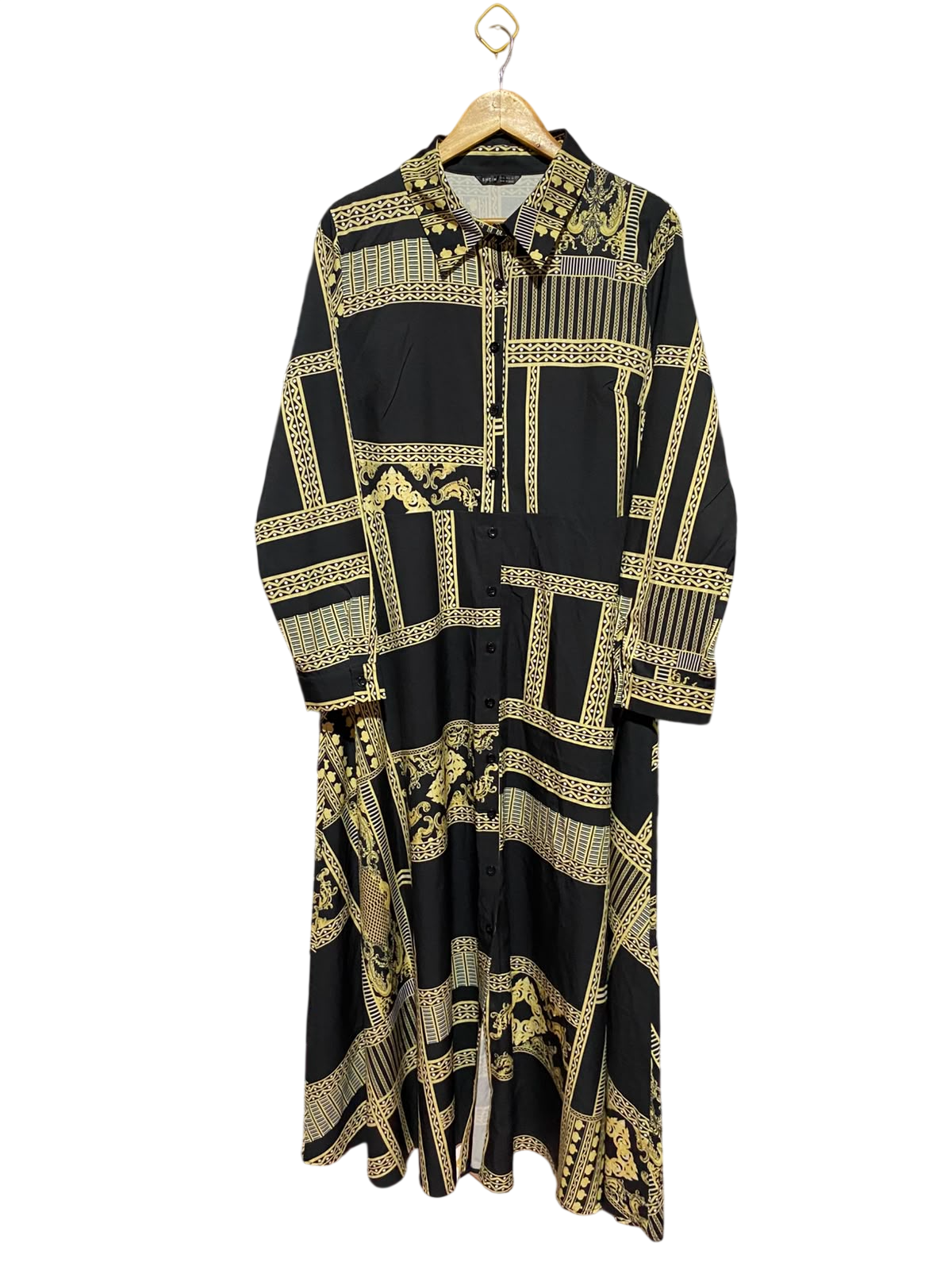 SHEIN |XL| BUST 19| A12| WOMEN'S BLACK & GOLD CHAIN PRINT MAXI SHIRT DRESS