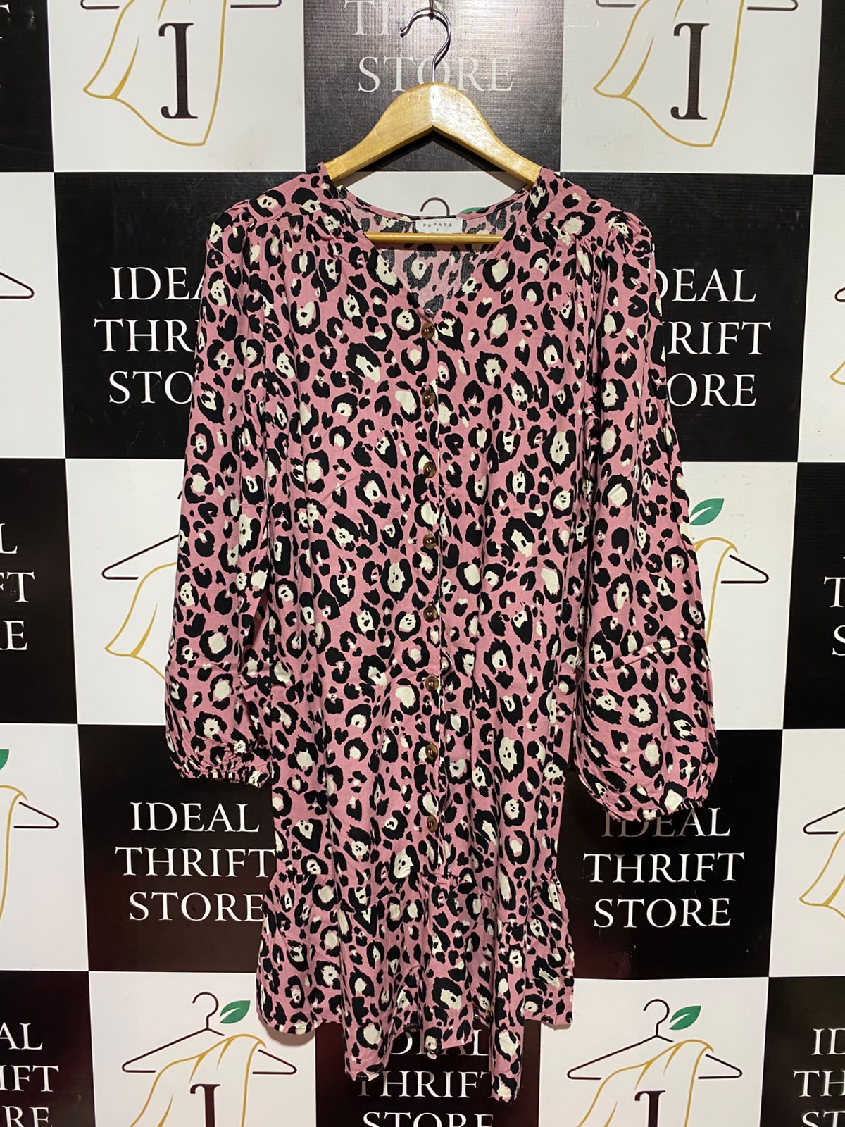 PAPAYA |S| BUST 18| A12| WOMEN'S PINK LEOPARD PRINT BUTTON-DOWN MINI DRESS