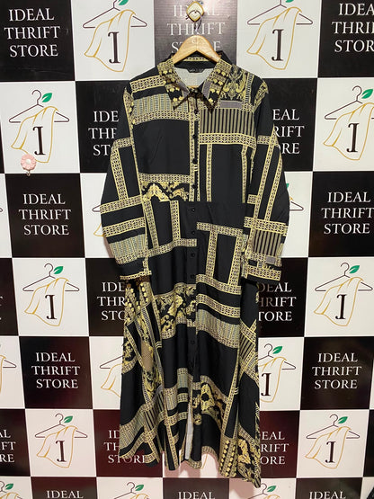 SHEIN |XL| BUST 19| A12| WOMEN'S BLACK & GOLD CHAIN PRINT MAXI SHIRT DRESS