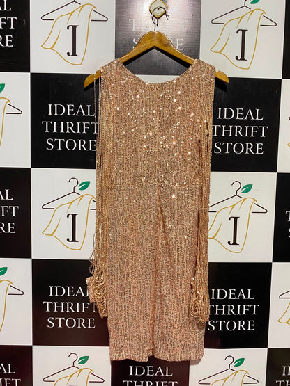 ALLYSON |S| BUST 15| A12| WOMEN'S ROSE GOLD SEQUIN & FRINGE PARTY MINI DRESS