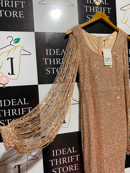 ALLYSON |S| BUST 15| A12| WOMEN'S ROSE GOLD SEQUIN & FRINGE PARTY MINI DRESS