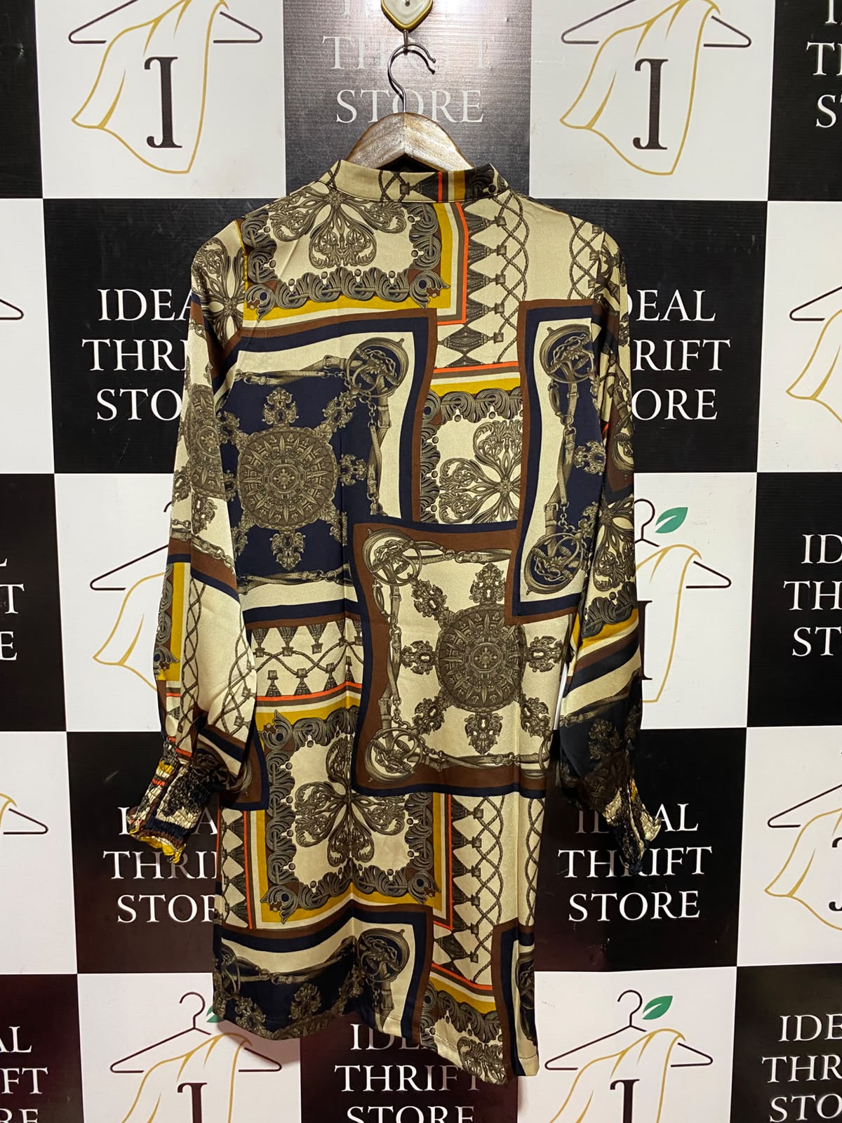 |M| BUST 19| A12| WOMEN'S VINTAGE BAROQUE CHAIN PRINT SILK LONG TUNIC SHIRT DRESS