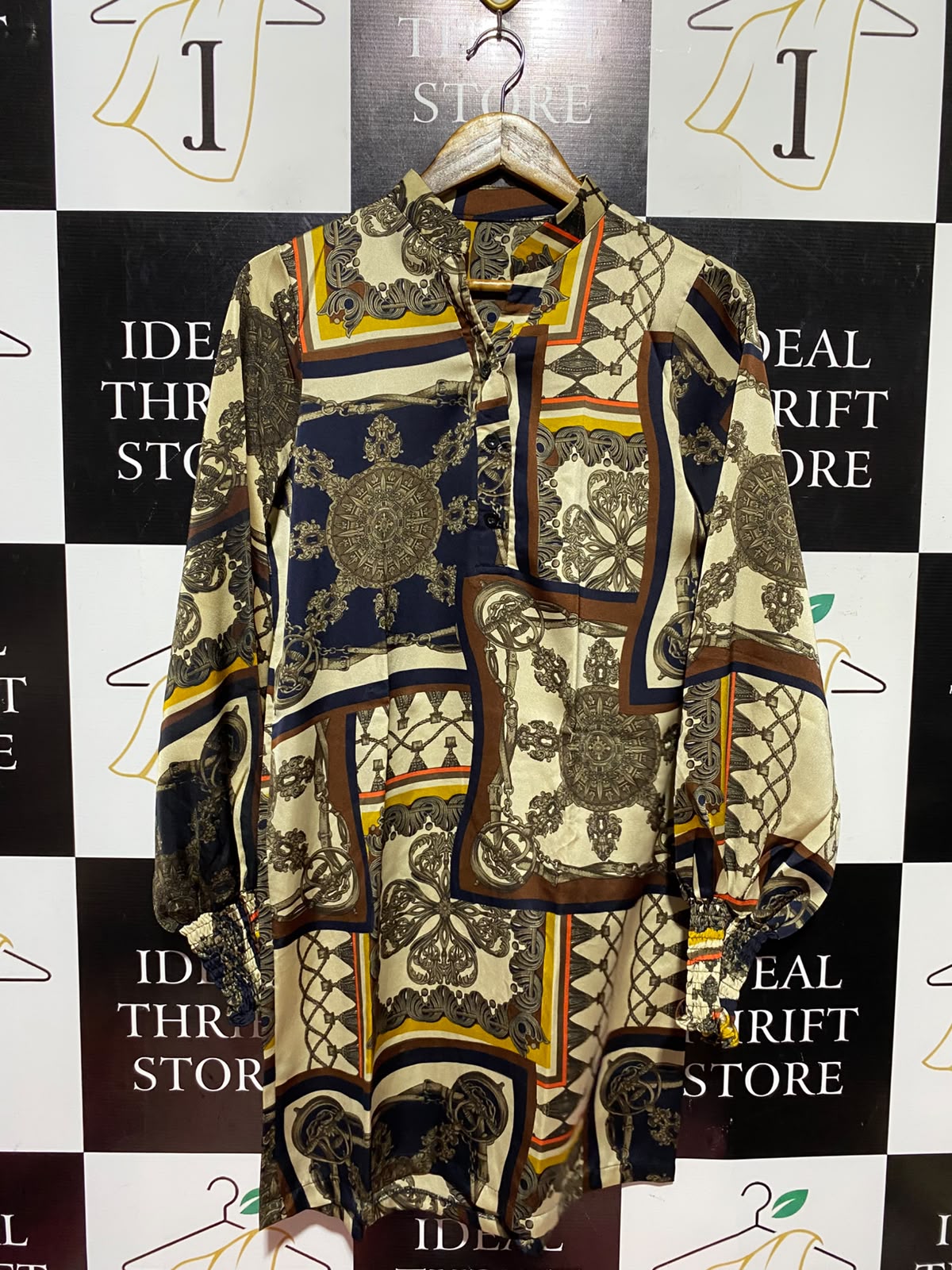 |M| BUST 19| A12| WOMEN'S VINTAGE BAROQUE CHAIN PRINT SILK LONG TUNIC SHIRT DRESS