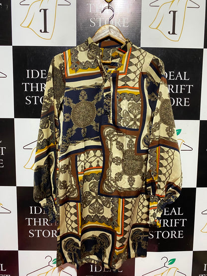 |M| BUST 19| A12| WOMEN'S VINTAGE BAROQUE CHAIN PRINT SILK LONG TUNIC SHIRT DRESS