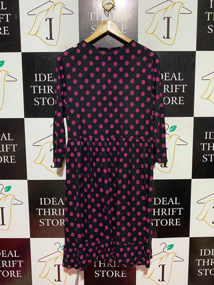 ROMAN |L| BUST 20| A12| WOMEN'S BLACK & PINK POLKA DOT V-NECK SMOCKED MIDDRESS