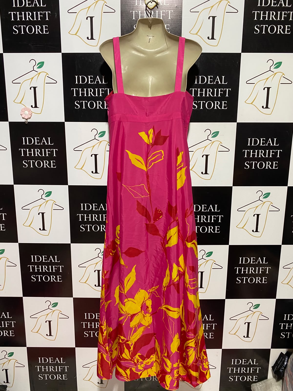 DEBUT |M| BUST 17| A12| WOMEN'S VIBRANT PINK & YELLOW FLORAL PRINT SILK MAXI SLIP DRESS