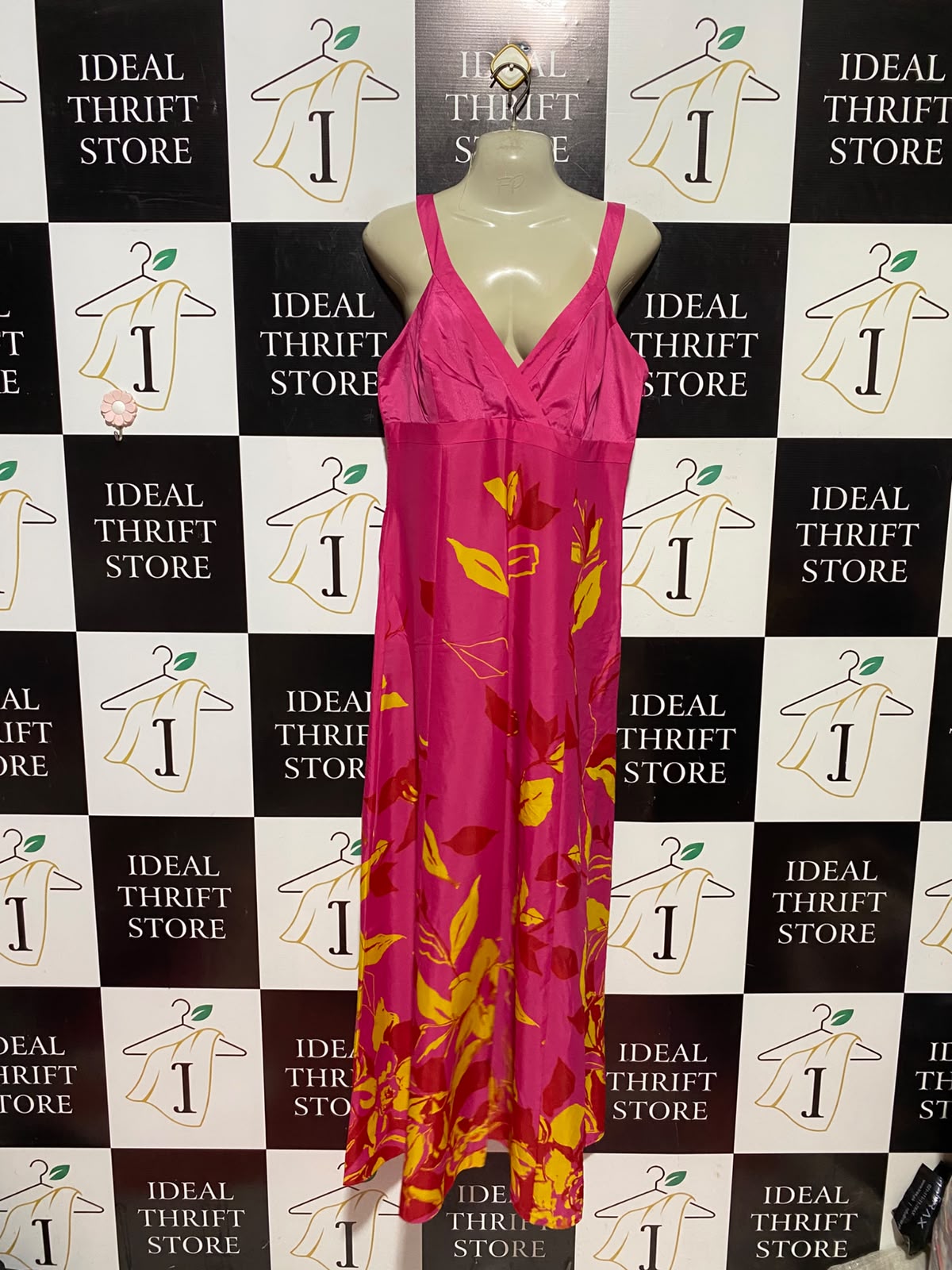 DEBUT |M| BUST 17| A12| WOMEN'S VIBRANT PINK & YELLOW FLORAL PRINT SILK MAXI SLIP DRESS
